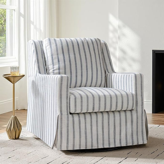 HULALA HOME Swivel Rocker Chair Farmhouse Swivel Rocking Accent Chair with Washable Slipcover Striped Fabric Barrel Armchair with Down Filled Cushions Navy
