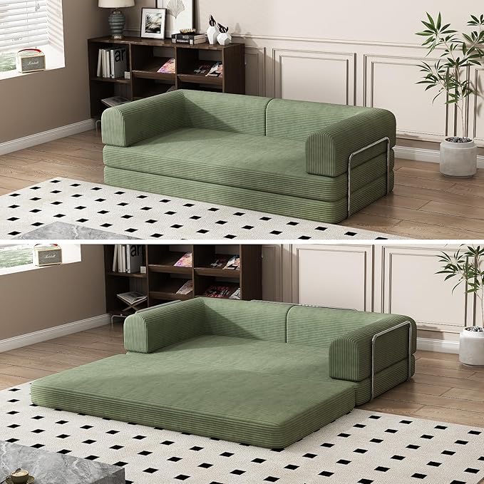 Convertible Corduroy Sleeper Sofa BedFolding Mattress Couch with Fixed-Shape Frame 3 Seater Fold Out King Size FutonNo Assembly Floor Couch for Living Room Dorm Studio 78.7*39.4*29.6 Inch Green
