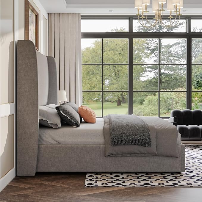 AMERLIFE Lift Up Storage Bed Queen Size Linen Upholstered Platform Bed Frame Hydraulic StorageModern Wingback Headboard No Box Spring Needed Light Grey