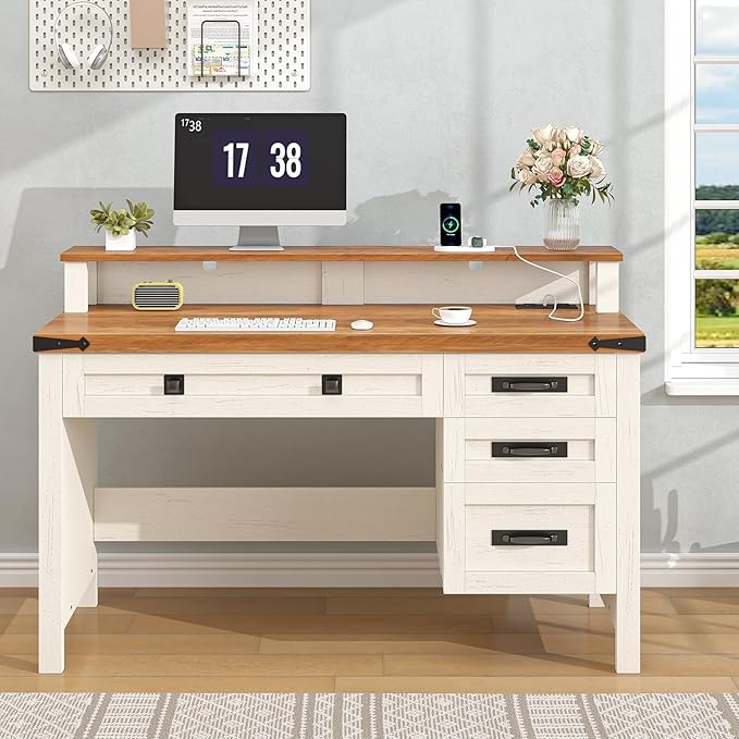 Farmhouse Executive Desk with Drawers 47 Computer Desk with Power Outlets Home Office Desk with Monitor Stand &amp 4 Drawers Small Desk Writing Study Table Antique White