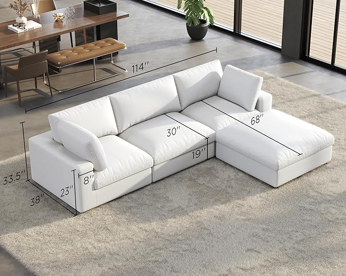 PaPaJet Modular Sectional Sofa 114 Inches Oversized Down Filled Sectional Sofa 4 Seats L Shaped Comfy Couch with Chaise Ottoman Could Sofa for Living Room White Linen Couch Set