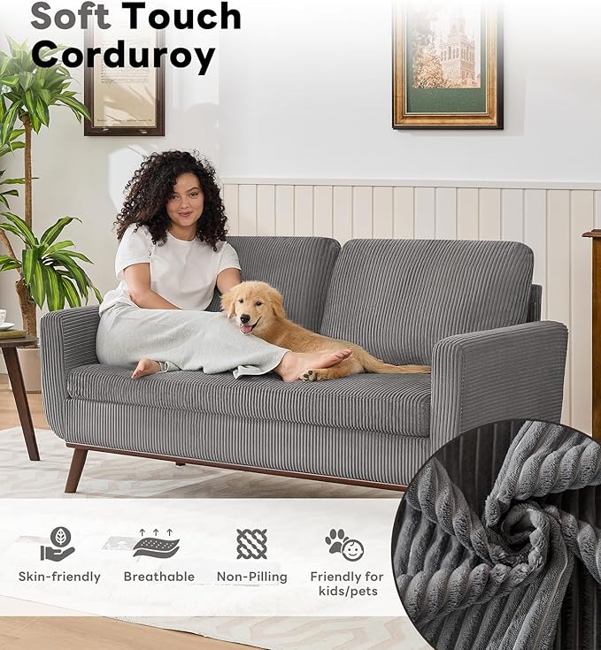 Kingfun 65 Corduroy Love Seat with Spring Cusions Mid Century Modern Loveseat Sofa for Livingroom &amp Bedroom Comfy Upholstered Small Couch Gray | linen fabric button tufted solid wood foot p