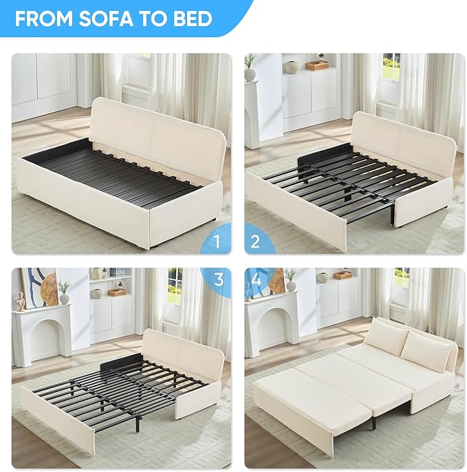 Mjkone 64 Width Sofa Bed Queen Size with Pull Out Couch Beds 2-in-1 Modern Corduroy Living Room Pull Out Sleeper Sofa Bed Couch with Cushions and Throw Pillows for Apartment Home Office Beige
