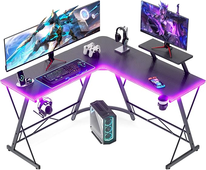 Mr IRONSTONE Gaming Desk with LED Lights L Shaped Desk Corner with Cup Holder &amp Headphone Hook Computer Desk Home Office Desks with Large Monitor Stand Carbon Fiber Surface Black 51 Inch
