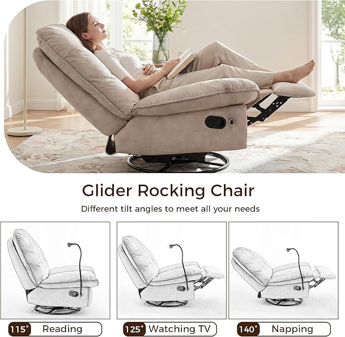 Swivel Rocker Recliner Chair for Adult Glider Nursery Rocking Chair Armless Single Recliner Sofa for Living Room Oversized &amp Overstuffed Phone Holder Included Beige