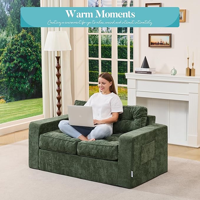 Hobestluk Sofa Couch Loveseat Sofa with Chenille Fabric 2-Seater Sofa for Small Spaces Comfortable Foam Floor Sofa 2 in 1 Boneless Couch for Living Room Bedroom Apartment or Office (Green Loveseat)