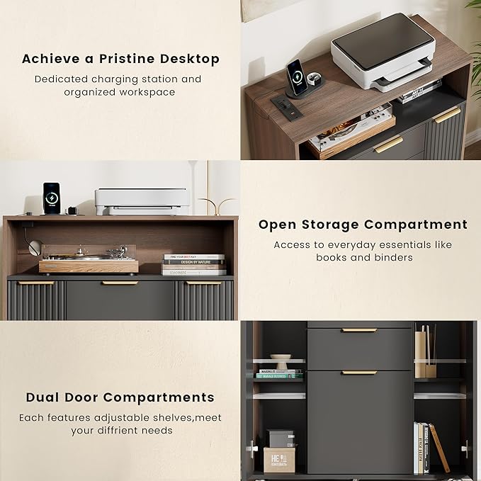 Home Office Standing Desk Set Fluted Cabinet with 3 Drawers and Door 47.2 x 26 Electric Stand Up Table with Storage Rolling Printer Stand on Wheels Mobile Black Walnut