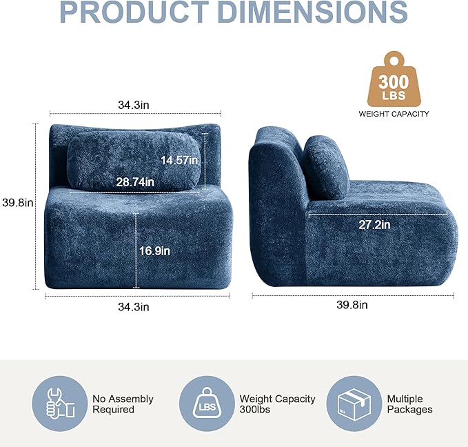 Multiple Modular Boneless Couches for Living Room Cloud Sectional Sofa with Comfy Deep Seat Oversized Single Sofa for Bedroom Apartment No Assembly 1 Module Combined Blue