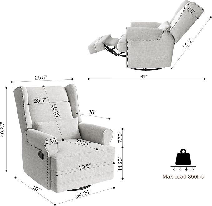 Swivel Recliner Chair with Extra Large Footrest Comfy Upholstered Glider Rocking Chair for Living Room Bedroom and Ofice Grey