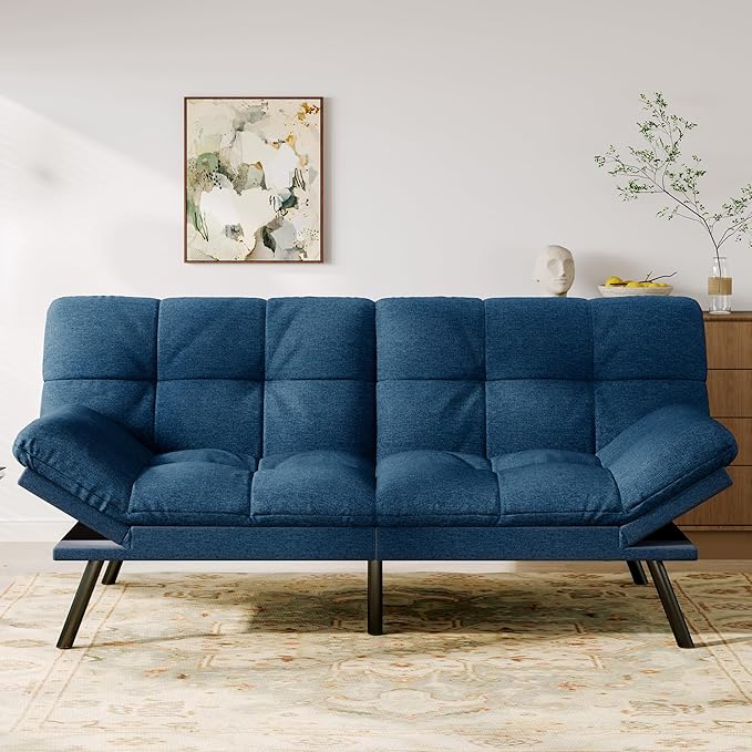 Vyfipt Convertible Futon Sofa Bed 71 Memory Foam Futon Couch with DetachableAdjustable BackrestLinen Fabric Folding Small Loveseat Sleeper for for Living RoomRVOfficeApartmentPure Blue