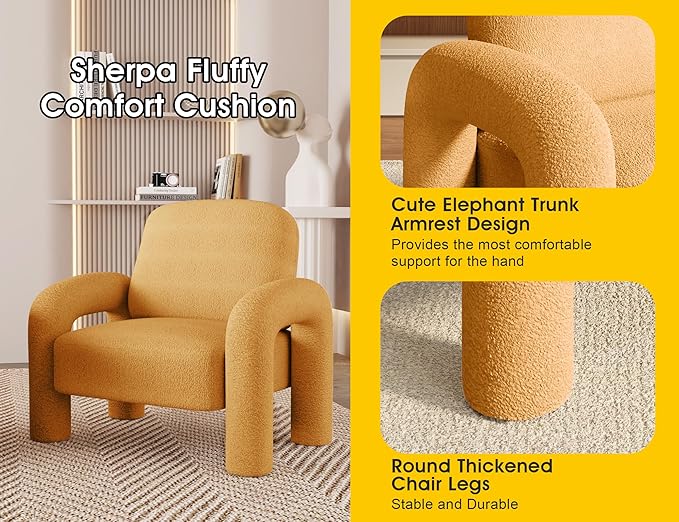 Modern Sherpa Accent Chair Teddy Upholstered Arm Single Sofa Cozy Fluffy Reading Chair for Living Room Bedrooms Corner (Yellow)