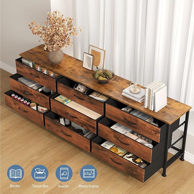 DUMOS TV Stands for Living Room Furniture with 9 Fabric Drawers Long Entertainment Center Up to 75 Inch TV Media Console Table with Storage for Bedroom Adjustable Feet Rust.