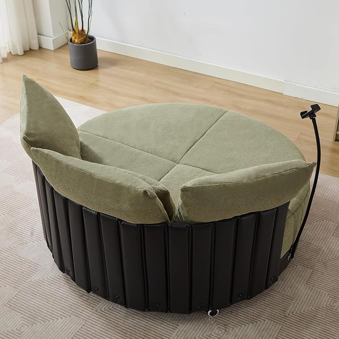 51W Oversized Swivel Accent ChairPolyester Upholstered Extra Large Swivel Barrel ChairRound Chair with WheelsRotating Phone Holderand 4 PillowsLounge Arm Chair for Living RoomBedroom(Green)