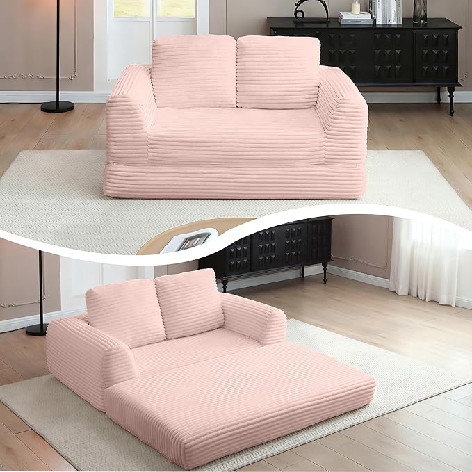 63 Corduroy Convertible Boneless Couch with Pull-Out Bed 2 in-1 Folding Convertible Sofa Bed with Pillows Loveseat Floor Sofa Couches for Living Room No Assembly Required (Pink) | Breathable Mater