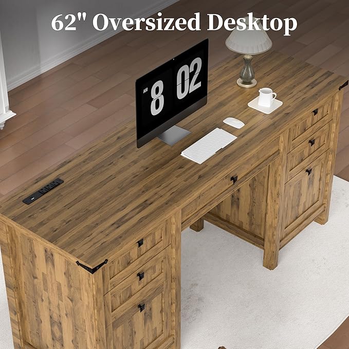Executive Desk Modern Farmhouse Computer Desk with Drawers &amp Cabinet Home Office Desk for Work Study Writing Workspace (Light Brown 62)