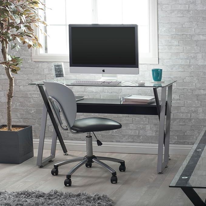 Calico Designs Colorado Glass Desk – 47 Modern Writing Desk with Tempered Glass Top Steel Frame &amp Storage Shelf – Home Office Computer or Study Table Black/Silver