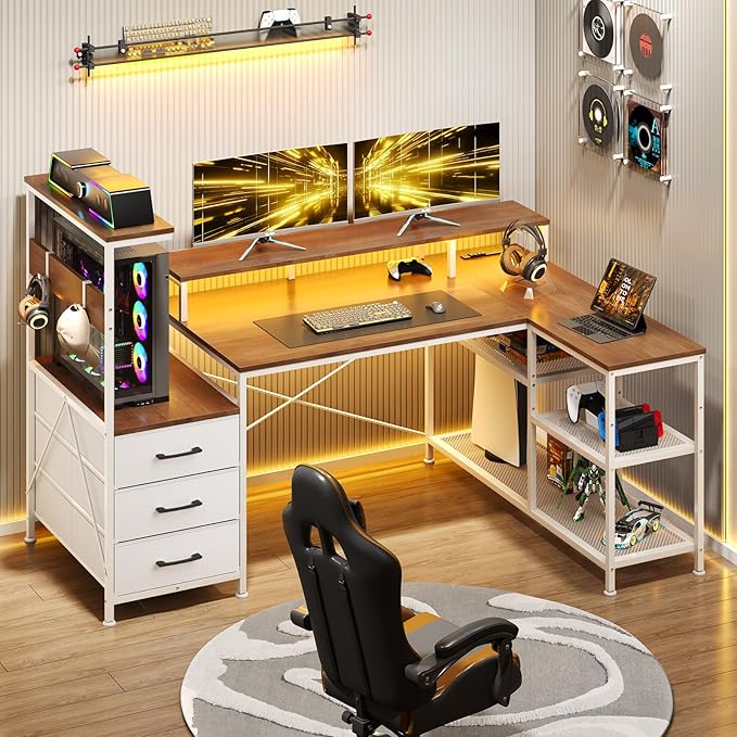 L Shaped Gaming Desk with Drawers &amp Storage Shelves Corner Gaming Desk with Power Outlets &amp LED Light Reversible Computer Desk with Monitor Stand &amp Hooks Brown and White