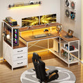 L Shaped Gaming Desk with Drawers &amp Storage Shelves Corner Gaming Desk with Power Outlets &amp LED Light Reversible Computer Desk with Monitor Stand &amp Hooks Brown and White