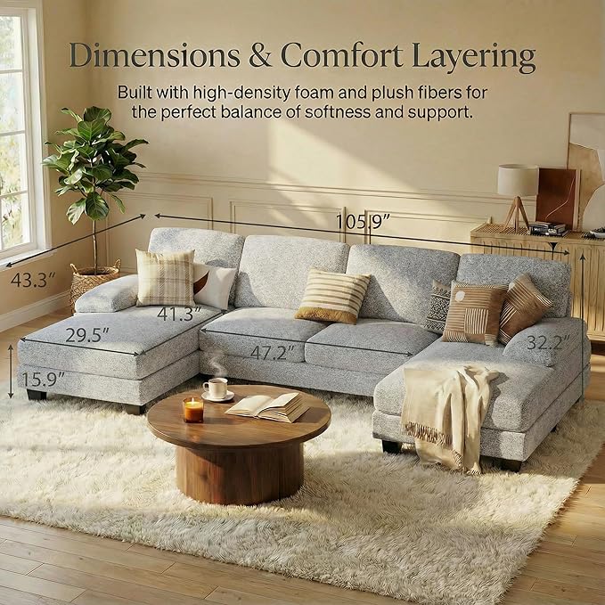 Homall Modular Sectional U Shaped Sofa Couches for Living Room Comfy Loop Yarn 4 Seat Sofa Set with Removable Pillows Lounge Chaise Upholstered Couch for Apartment (Loop Yarn Pearl Gray)