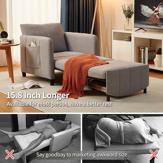 Sleeper Chair 84 Extra Long Convertible Chair Bed Upgraded 3-in-1 to 4-in-1 Pull Out Chair &amp Single Sofa Bed for Adult Sleeping Chair for Living Room Small Space (Light Grey)