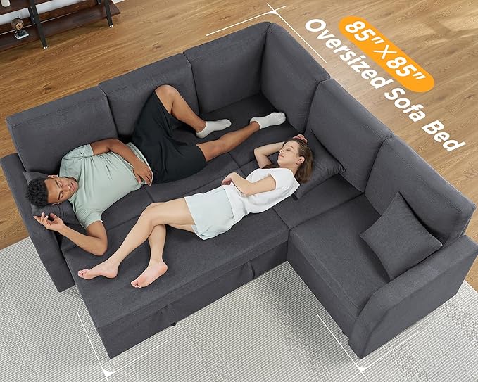 PaPaJet Sleeper Bed 85 Inch Oversized Sofa Bed with Storage Seat L Shaped Sofa Couch with Pull Out Bed Sectional Sofa for Living Room Apartment Linen Grey