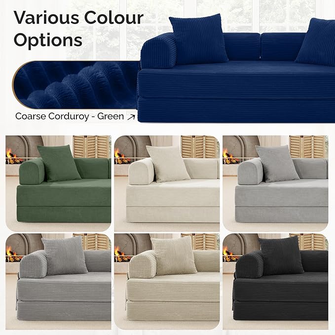 Convertible Corduroy Sleeper Sofa Bed with Cylindrical Pillow Folding Mattress Couch with Fixed-Shape Frame Floor Sofa Lounge Couch for Living Room Bedroom Lounge Studio Blue