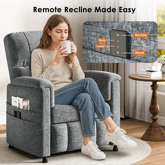Pipishell Power Recliner Chair for AdultsElectric Recliner with Remote Adjustable Recline/Footrest Chenille FabricThick Seat Cushion Small Recliner for Living Room Home Theater Grey