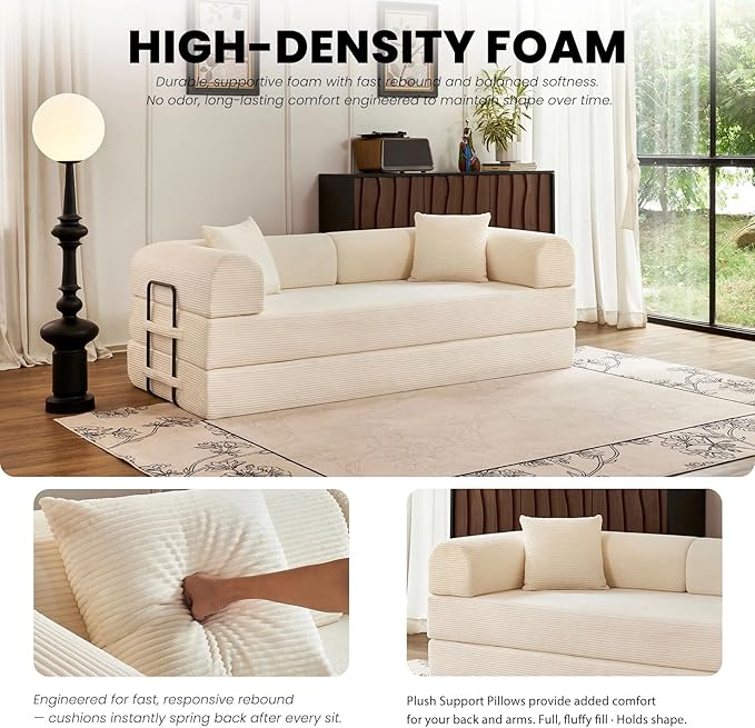 2026 Upgrade Convertible Sofa Bed 79 Inch Boneless Couch with Fixed-Shape Frame Corduroy Fabric with High Backrest Floor Sofa Modular Futon Couch for Living Room Bedroom Lounge (White) | High Backr