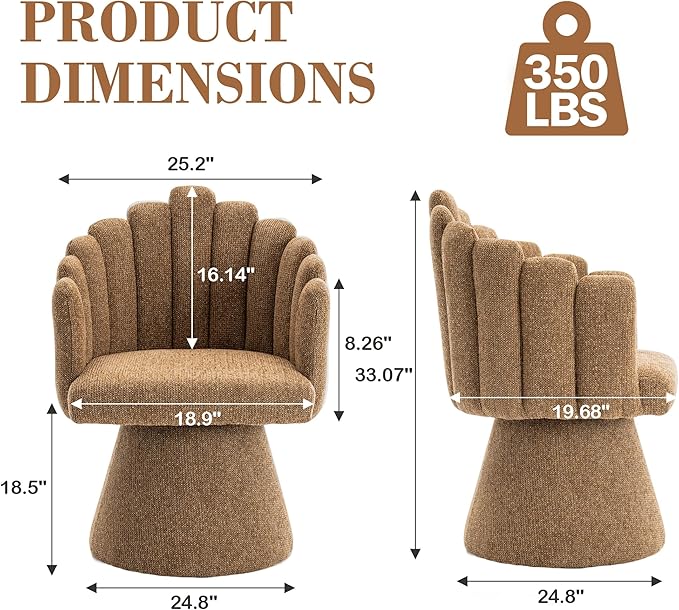 Swivel Accent Chair Modern 360° Barrel Chair with Shell-Shaped Back Tufted Vanity Armchairs for Living Room Bedroom Reading Room Camel