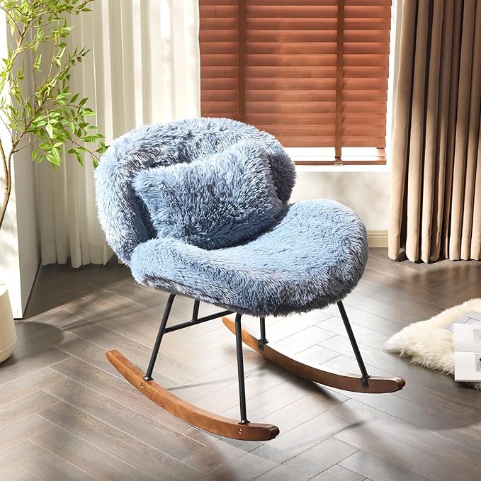 VINGLI 25.6 Extra Wide Nursery 115° Armless Rocking Chair Curved Cute Cross-Legged Glider Chair with Pillow &amp Solid Wood Nursing Chair for Bedroom Living Room Fluffy Fleece Ocean Blue
