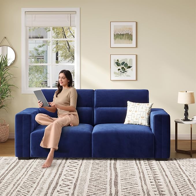 82 Inch Sofa with Extra Deep Seats Oversize Velvet Fabric 2 Seater Sofa for Living RoomModern Couch and Loveseat Comfy Armrests and Seats and Backrests Easy Installation Blue