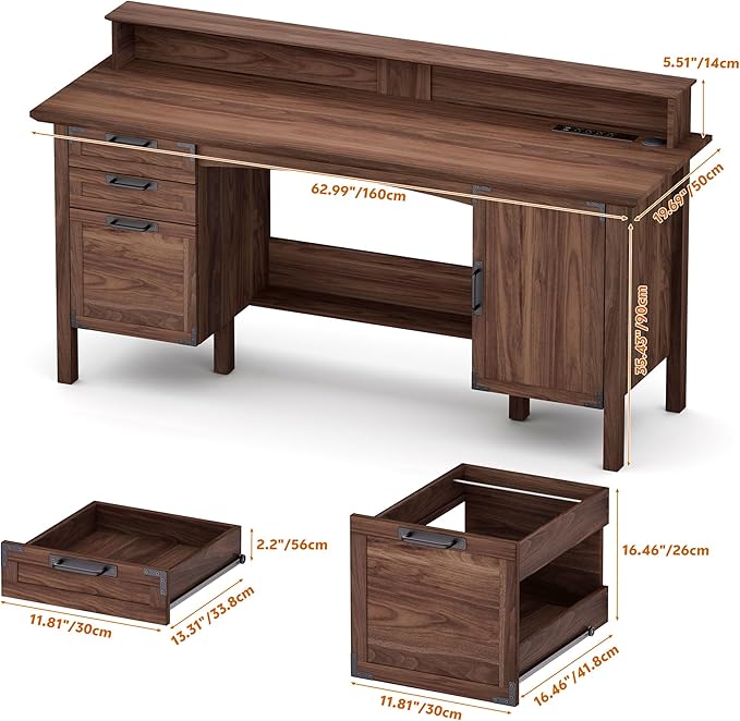 Farmhouse Office Desk with Power Outlet &amp Monitor Stand 63'' Home Computer Desk with 2 Drawers File Cabinet Storage Cabinet Executive Desk for Work Study Writing Gaming Walnut