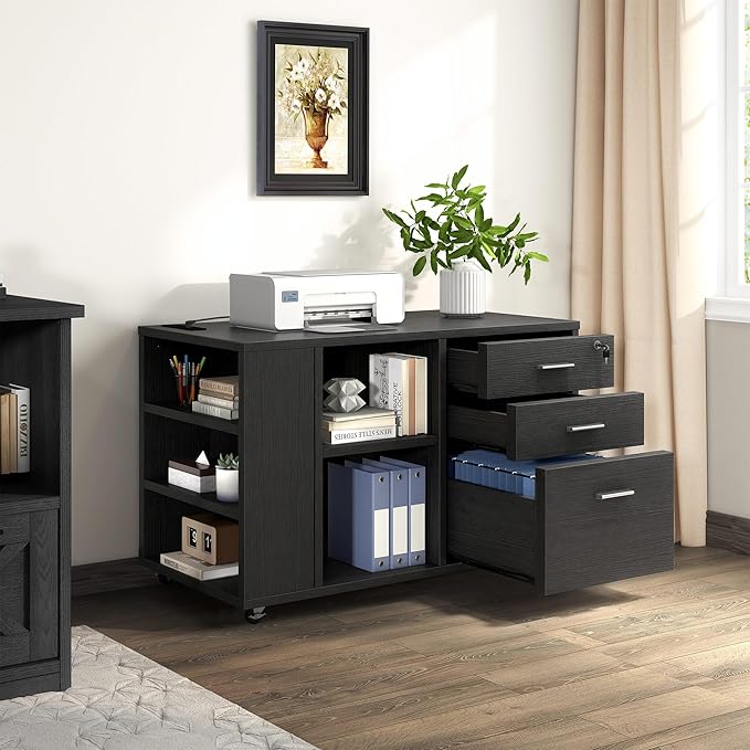 DWVO File Cabinet with Charging Station 3 Drawer Mobile Filing Cabinet with Lock Printer Stand with Open Storage Shelf for Home Office Black