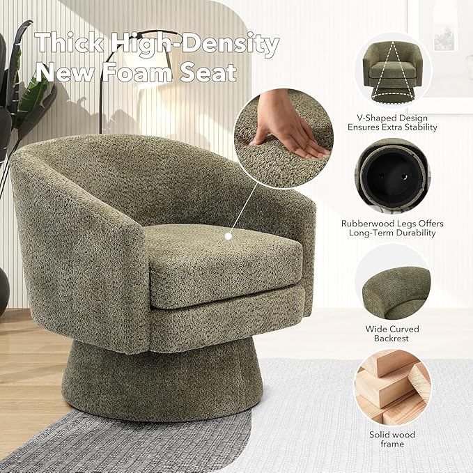 360° Swivel Accent Chair with Arms Modern Chenille Fabric Armchair with Curved Back &amp Soft Cushion Comfy Upholstered Chair for Living Room Bedroom Office Green