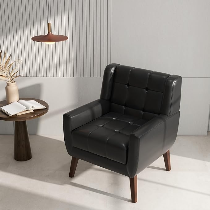 Accent Chair Comfy Mid Century Modern Small Armchairs with Solid Wood Frame and Soft Cushion for Living Room Bedroom (Faux Leather Black Set of 1)