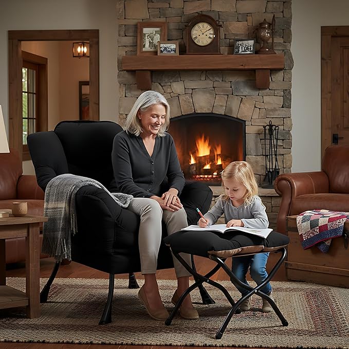 Welnow Lazy Chair with Ottoman Modern Accent Chair with Armrests and a Side Pocket Leisure Sofa Armchair Set Reading Armchair with Footrest for Small Space Black