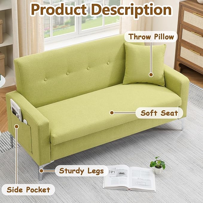 57 Green Loveseat Sofa with Storage Modern Love Seat Couches with Comfy Pillow &amp Side Pocket/Metal Legs Cozy Small Sofas for Small Spaces Living Room Bedroom Office Dorm (Blue) (Green)