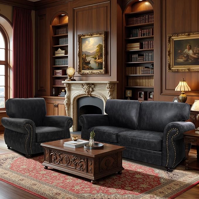 Living Room Furniture SetsMid-Century Vintage Sofa Couches with Rivet Design (Grey Single+Loveseat)