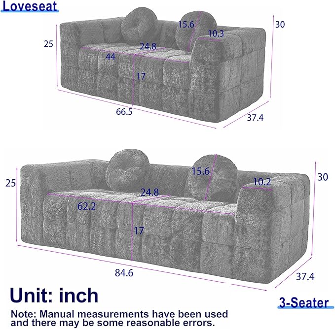 2 Pieces Cloud Couch Set for Living Room 66.5-inch and 84.6-inch Modern Comfy Upholstered Deep Seat Faux Fur Boneless Sofa and Loveseat Set with 2 Pillows for Living Room Bedroom Office Beige