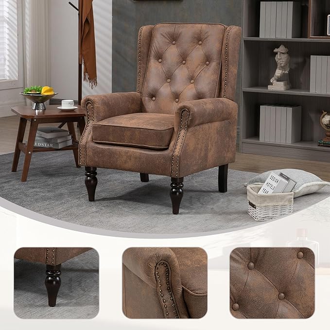 Coffee Microsuede Accent Chair Mid-Century Modern Living Room Chairs with Wingback Comfy Upholstered High Back Single Sofa Bedroom Reading Armchair with Solid Wood LegsEasy Assemble (Coffee)