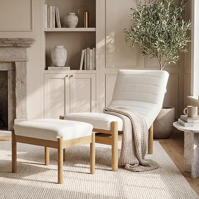 Upholstered Linen Accent Chair and Ottoman Set Modern Living Room Chair with Reclining Backrest and Footstool Small Reading Chairs for Living Room Bedroom Beige
