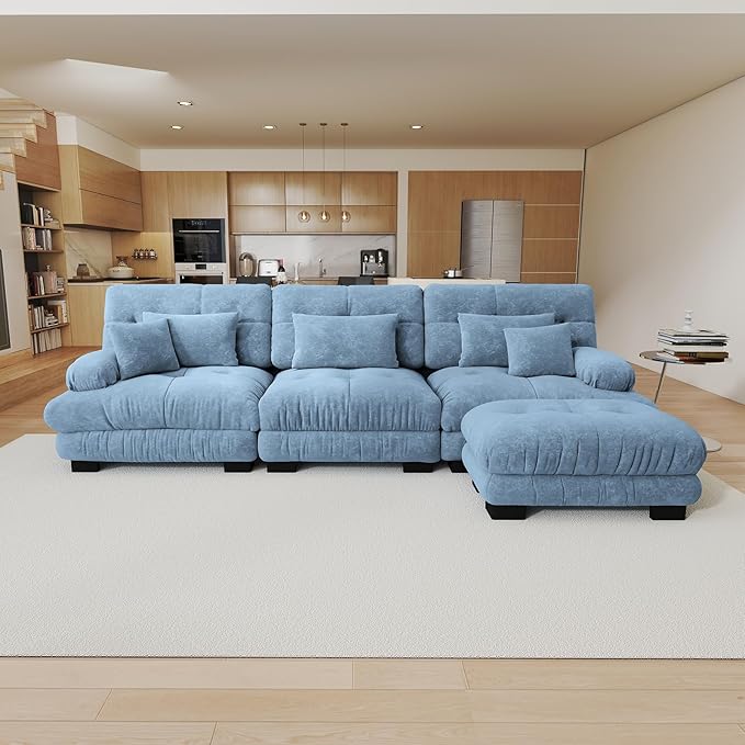 133.8 Oversized Modular Sectional Sofa 3 Seater Blue Large Sectional Couches for Living Room Chenille Fabric Sofa Set Cloud Couches with Ottoman Deep Seat Modern Sofas para Sala L Shaped