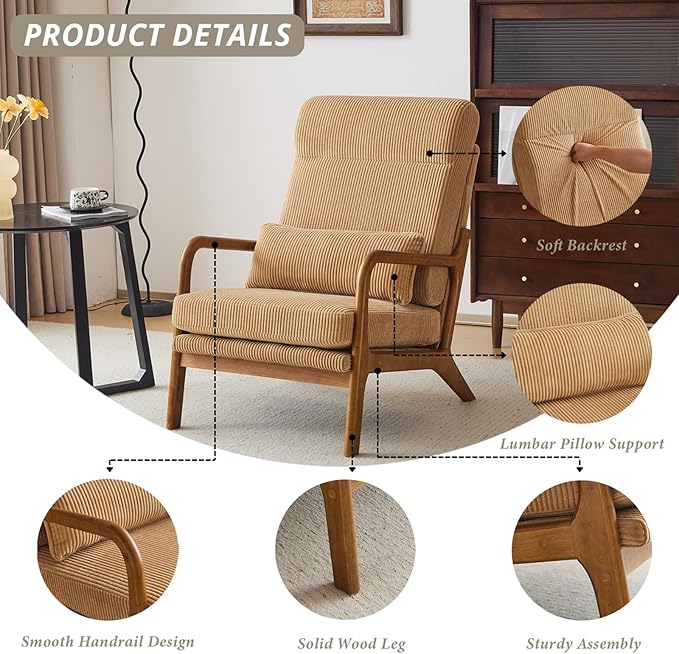 Karl home Mid-Century Modern Accent Chair Living Room Chairs with Pillow High Back Corduroy Upholstered Lounge Armchair with Solid Wood Frame &amp Soft Cushion for Bedroom Reading Room Khaki