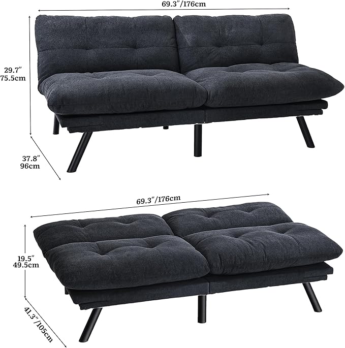 YITAHOME Convertible Futon Sofa Bed with Adjustable 3 Color Light Strip 70 Folding Futon Set for Living Room Home Office Aprtment Modern Futon Couch with Adjustable Backrest &amp Armrests Black
