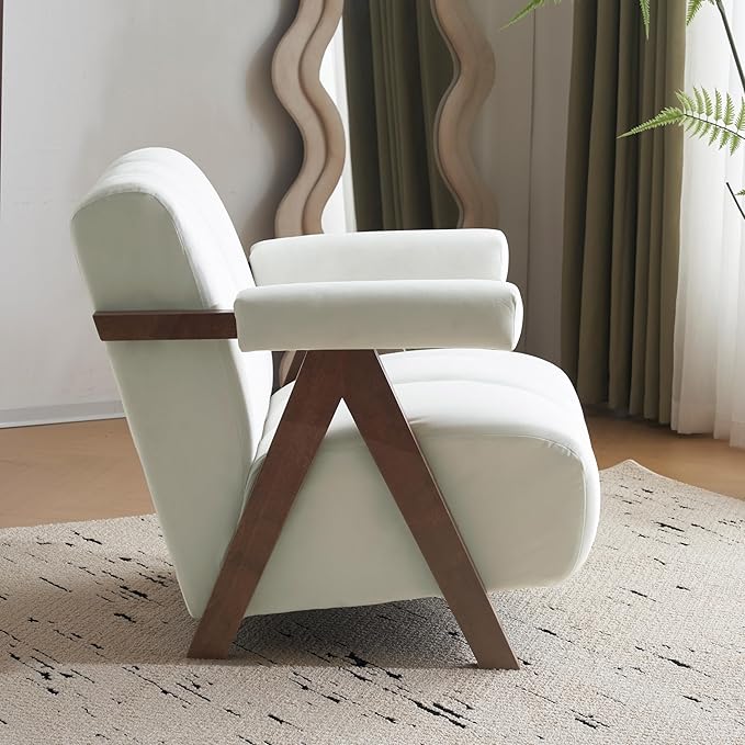 Mid Century Modern Accent Chair with Solid Wood e Upholstered Living Room Chairs with Thick Cushion Comfy Tufted Arm Chair for Bedroom Living Room Velvet Ivory