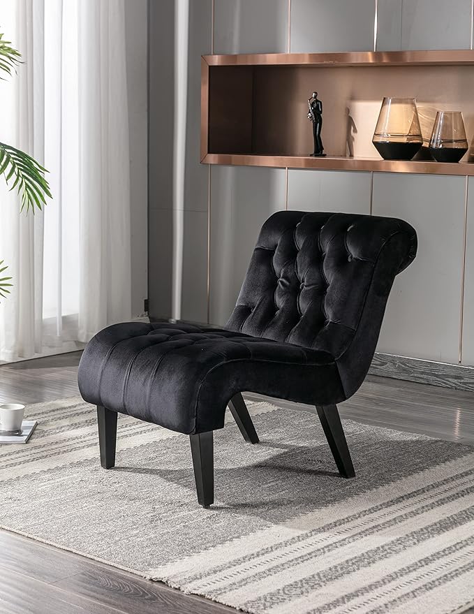Modern Armless Living Room Chair/Leisure ChairUpholstered Fabric Button Comfortable Chair with Wooden Legs for Bedroom Living Room Office (Black)