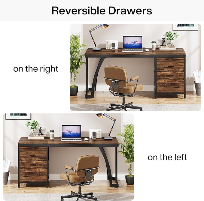 Tribesigns Computer Desk with 3 Drawers 59-Inch PC Desk with Reversible Drawers Industrial Study Writing Table Workstation with File Storage for Home Office Rustic Brown