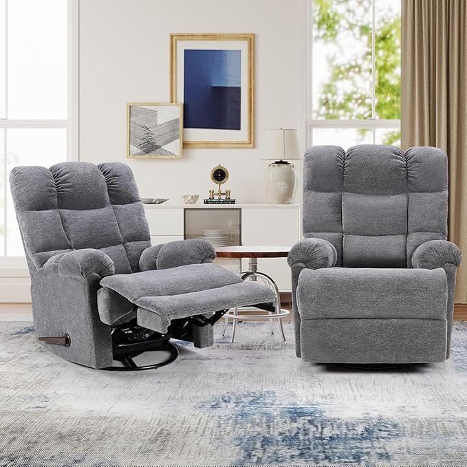 CANMOV Swivel Rocker Recliner for Adults Glider Rocking Reclining Chair for Nursery Manual Recliner Chair with Overstuffed Back and Arms for Living Room Bedroom Nursery Grey
