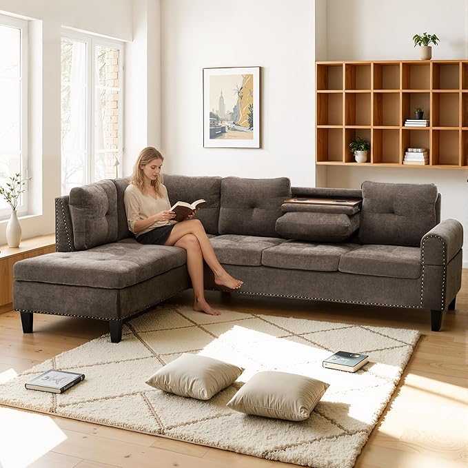 Modular Sectional Sofa with Cup Holders L Shaped Sectional Couch with Chaise and Adjustable Backrest Modern Linen Fabric Couch for Living Room Apartment Small Space Brown