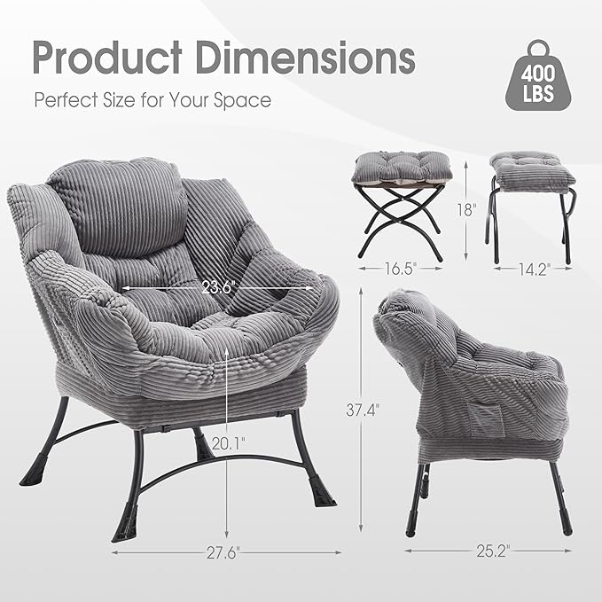 Lazy Chair with Ottoman Comfy Lounge Chair for Reading Relaxing and Napping Perfect for Living Room Bedroom or Office Grey